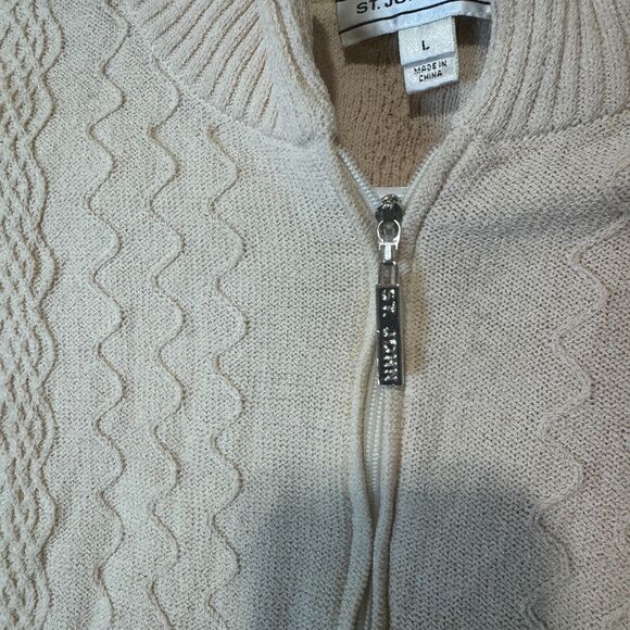 ST. JOHN SPORT Ivory Wool Blend Full Zip Jacket Cardigan womens sz L ** FLAWED - Picture 6 of 8